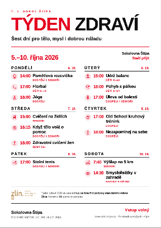 Plakát Týdne zdraví 2026 s programem na všech šest dní