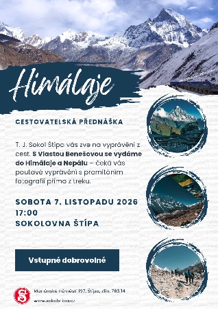 Plakát cestovatelské přednášky Himálaje — sobota 7. listopadu 2026, 17:00, sokolovna Štípa